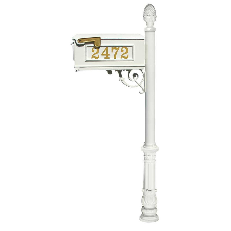 Lewiston Mailbox and Lewiston Post (with Ornate Base and Pineapple Finial), with Vinyl Numbers and Support Brace