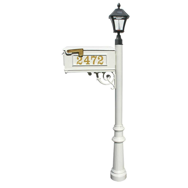 Lewiston Mailbox and Lewiston Post with Vinyl Numbers, Support Brace, and Fluted Base with Black Bayview Solar Lamp
