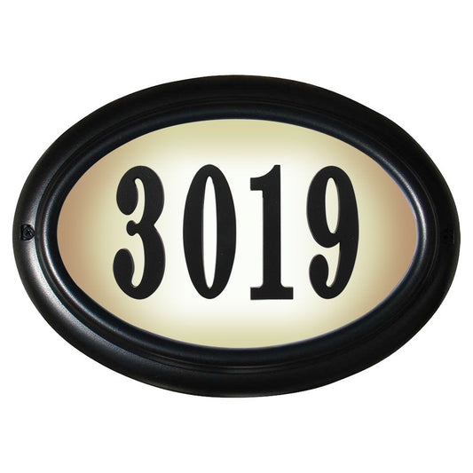 Edgewood Oval Lighted Address Plaque with Polymer Numbers Included - Black Frame