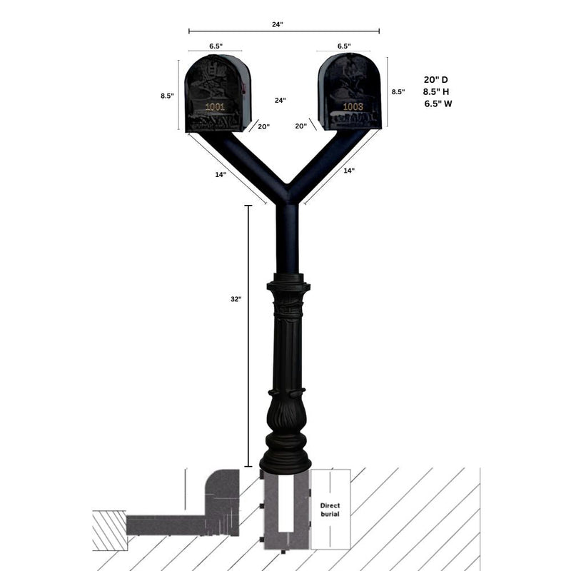 QualArc Penfield Twin Mailbox Post System, base 7 with two E1 Economy Mailboxes Black