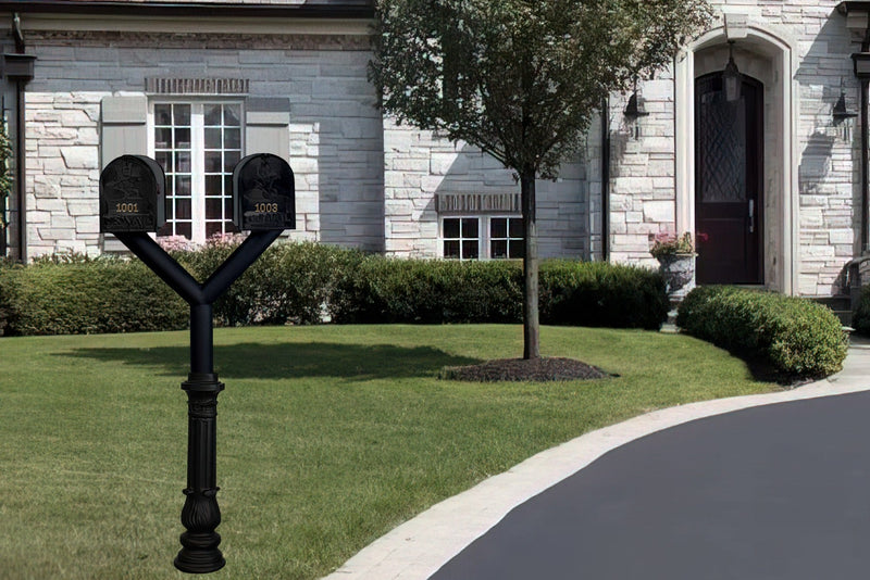 QualArc Penfield Twin Mailbox Post System, base 7 with two E1 Economy Mailboxes Black