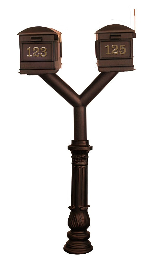 QualArc Penfield Twin Mailbox Post System, base 7 with two Lewiston Mailboxes Bronze