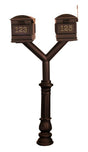 QualArc Penfield Twin Mailbox Post System, base 7 with two Lewiston Mailboxes Bronze