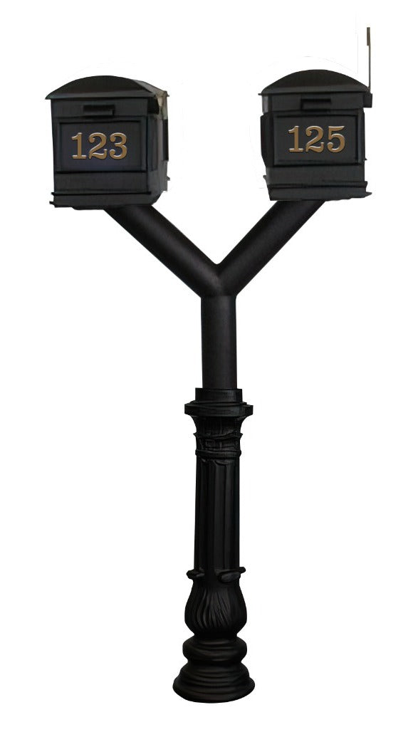 QualArc Penfield Twin Mailbox Post System, base 7 with two Lewiston Mailboxes Black