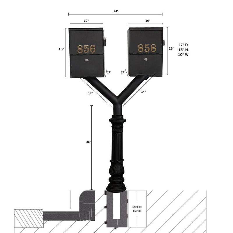 QualArc Penfield Twin Mailbox Post System, base 7 with two Letter Sentry mailboxes Black