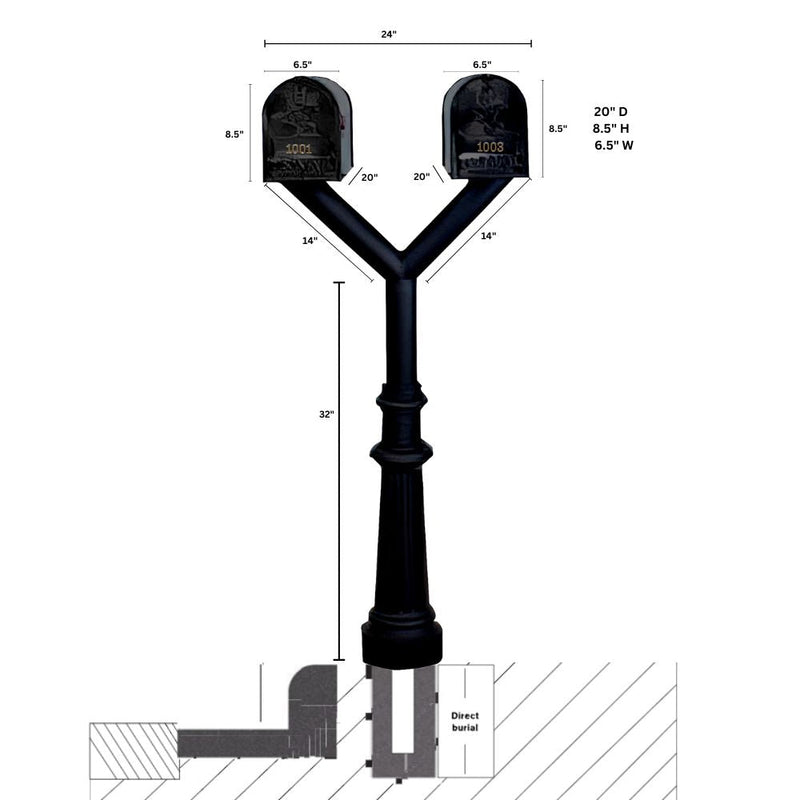 QualArc Penfield Twin Mailbox Post System, base 8 with two E1 Economy Mailboxes Black