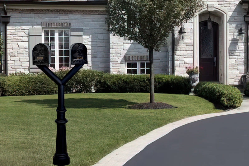 QualArc Penfield Twin Mailbox Post System, base 8 with two E1 Economy Mailboxes Black