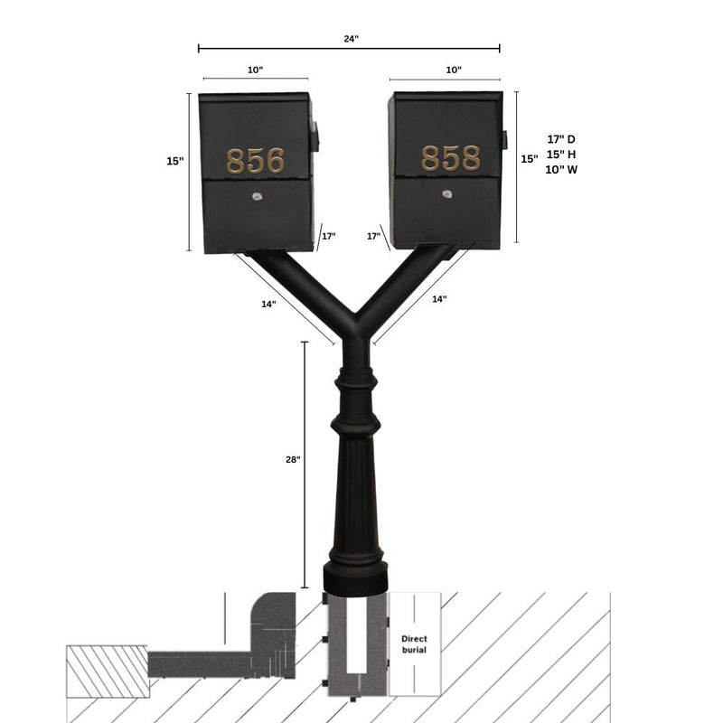 QualArc Penfield Twin Mailbox Post System, base 8 with two Letter Sentry mailboxes Black