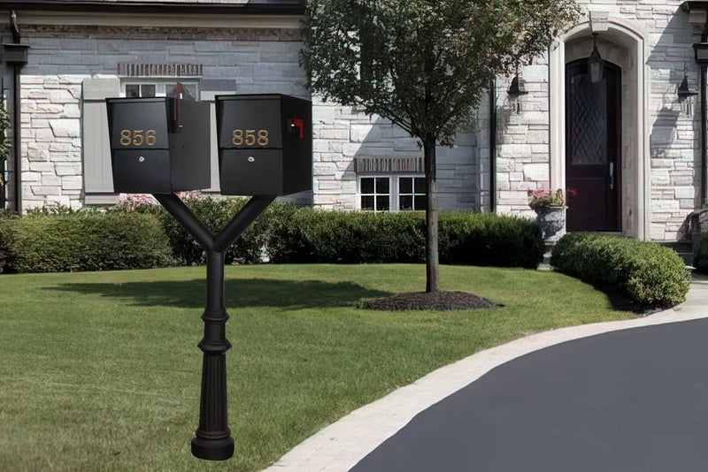 QualArc Penfield Twin Mailbox Post System, base 8 with two Letter Sentry mailboxes Black