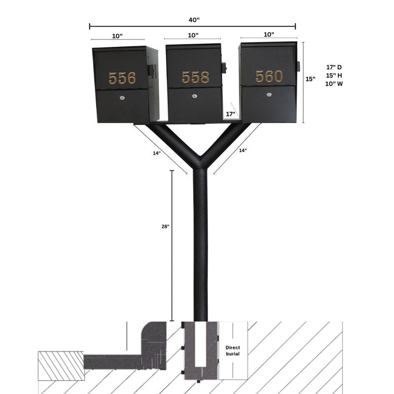 QualArc Penfield TRIPLE Mailbox Post System, no base with Three Letter Sentry mailboxes Black