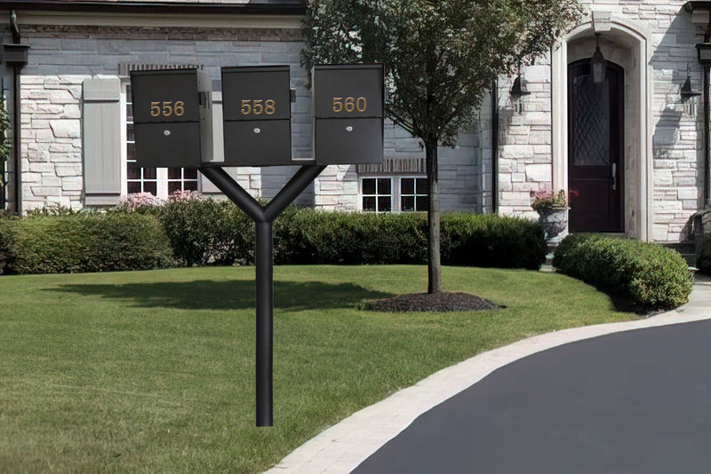QualArc Penfield TRIPLE Mailbox Post System, no base with Three Letter Sentry mailboxes Black