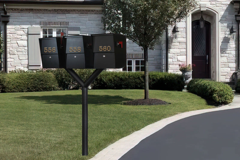 QualArc Penfield TRIPLE Mailbox Post System, no base with Three Letter Sentry mailboxes Black