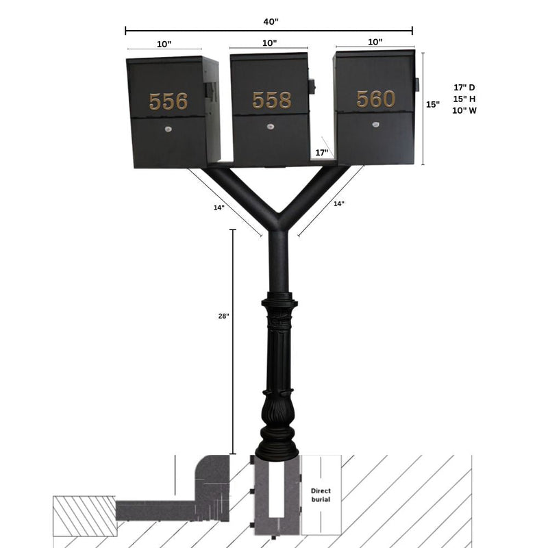 QualArc Penfield TRIPLE Mailbox Post System, base 7 with Three Letter Sentry mailboxes Black