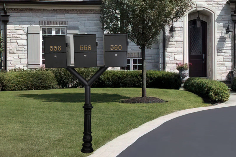 QualArc Penfield TRIPLE Mailbox Post System, base 7 with Three Letter Sentry mailboxes Black