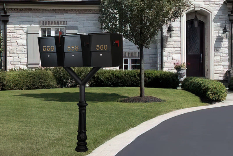 QualArc Penfield TRIPLE Mailbox Post System, base 7 with Three Letter Sentry mailboxes Black