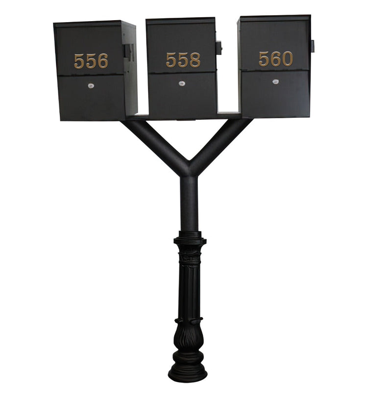 QualArc Penfield TRIPLE Mailbox Post System, base 7 with Three Letter Sentry mailboxes Black