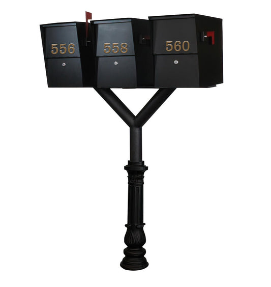 QualArc Penfield TRIPLE Mailbox Post System, base 7 with Three Letter Sentry mailboxes Black