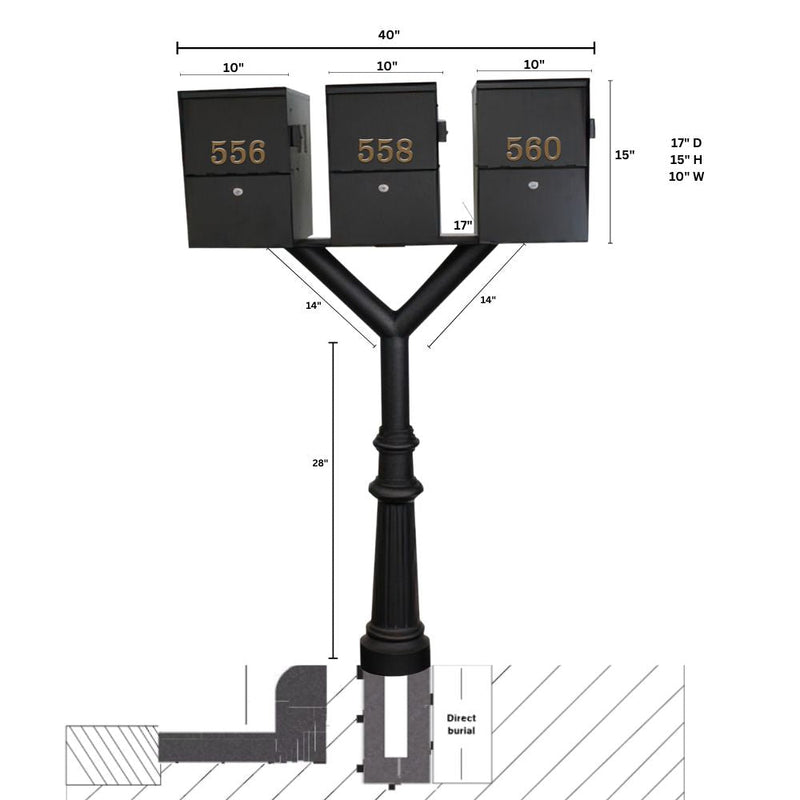 QualArc Penfield TRIPLE Mailbox Post System, base 8 with Three Letter Sentry mailboxes Black