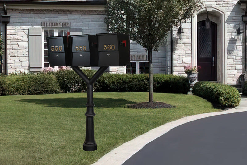 QualArc Penfield TRIPLE Mailbox Post System, base 8 with Three Letter Sentry mailboxes Black