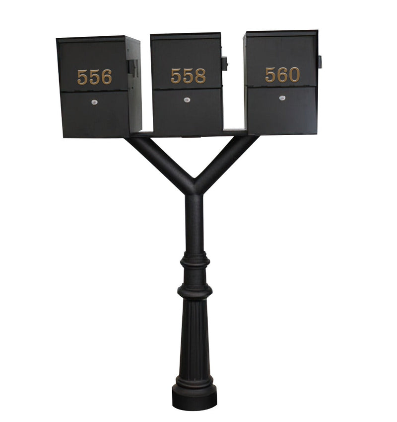 QualArc Penfield TRIPLE Mailbox Post System, base 8 with Three Letter Sentry mailboxes Black
