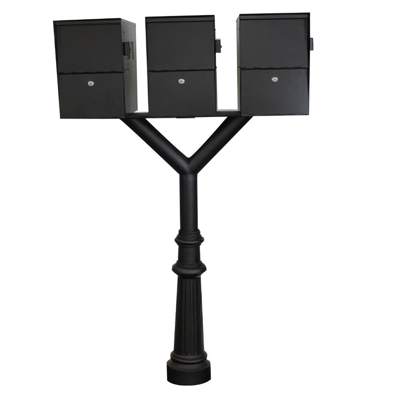 QualArc Penfield TRIPLE Mailbox Post System, base 8 with Three Letter Sentry mailboxes Black