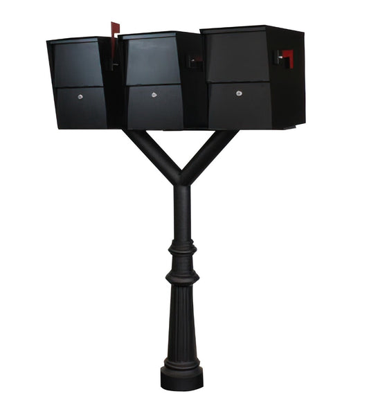 QualArc Penfield TRIPLE Mailbox Post System, base 8 with Three Letter Sentry mailboxes Black
