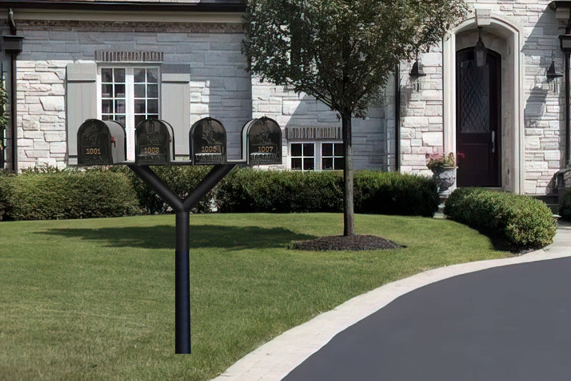 QualArc Penfield QUAD Mailbox Post System, no base with Four E1 Economy Mailboxes Black
