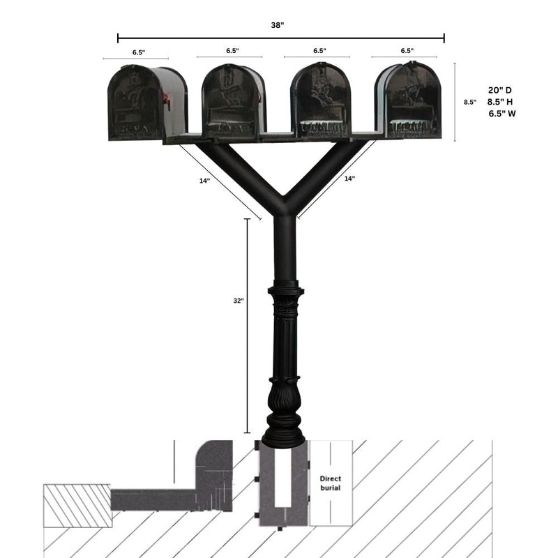 QualArc Penfield QUAD Mailbox Post System, base 7 with Four E1 Economy Mailboxes Black