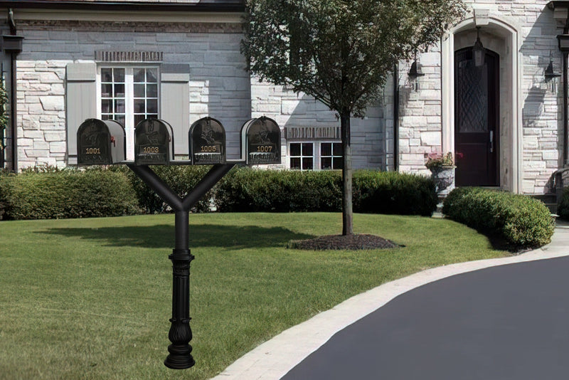 QualArc Penfield QUAD Mailbox Post System, base 7 with Four E1 Economy Mailboxes Black