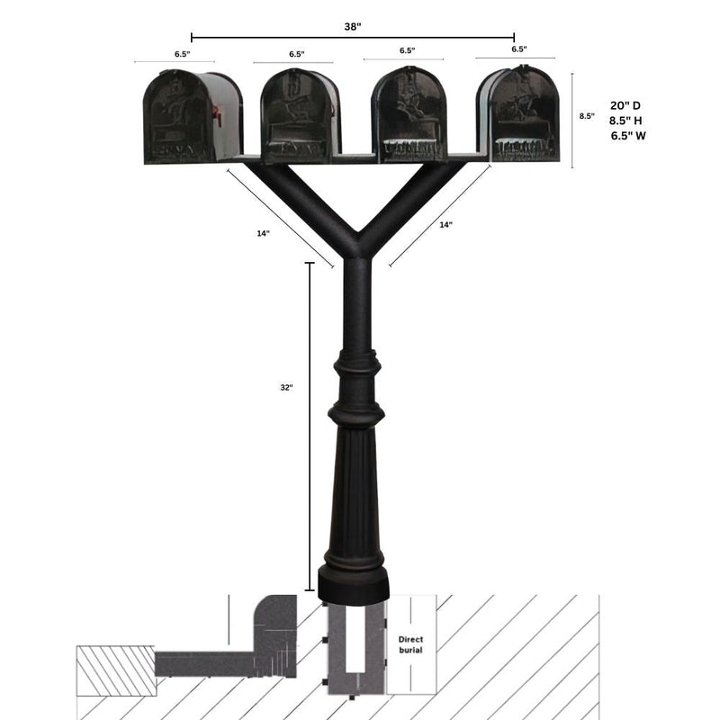 QualArc Penfield QUAD Mailbox Post System, base 8 with Four E1 Economy Mailboxes Black