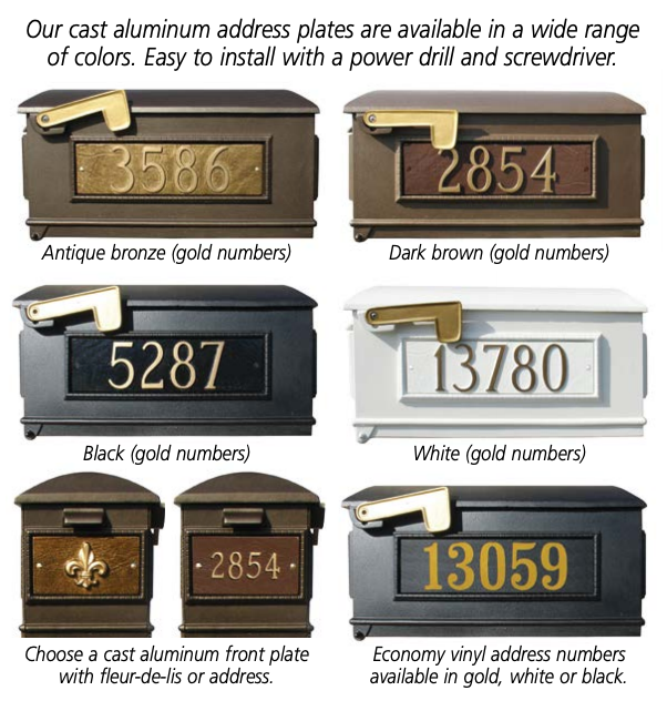 Lewiston Mailbox and Lewiston Post (with Fluted Base and Ball Finial), with 3 Address Plates (Sides, Front) and Support Brace