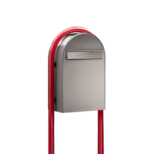 USPS Approved Bobi Classic B Rear Access Modern Locking Stainless Steel Mailbox and Round Red Post Combo