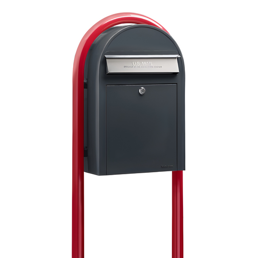 Bobi Classic Front Access Grey Mailbox with Stainless Steel Mail Slot and Round Black Post Combo