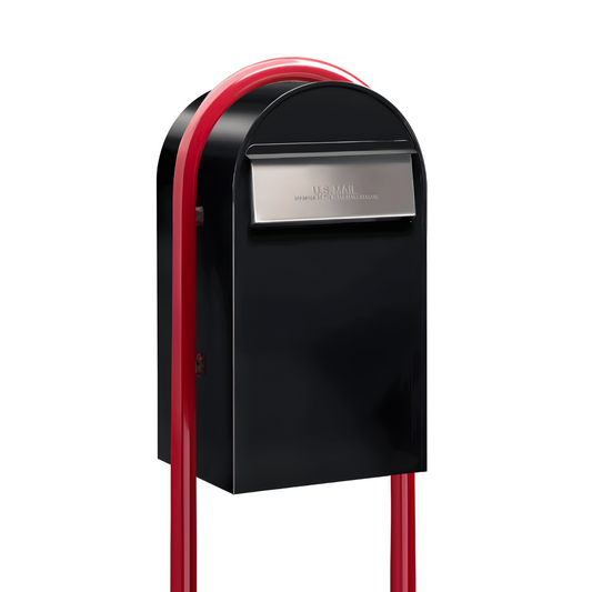 USPS Approved Bobi Grande B Rear Access Modern Locking Black Mailbox with Round Red Post Combo  - Stainless Steel Mail Slot –  Secure Small Parcel Delivery