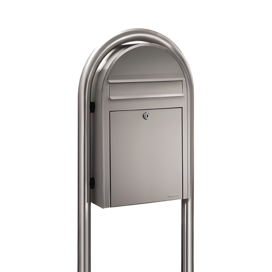 Bobi Classic Slim Front Access Modern Locking Stainless Steel Mailbox and Round Stainless Steel Post Combo