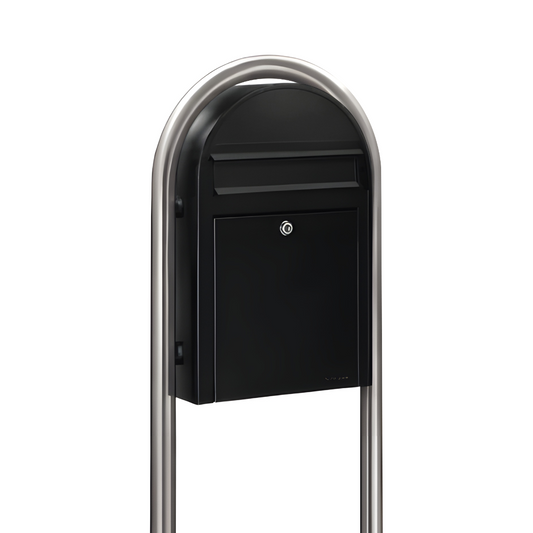 Bobi Classic Slim Front Access Modern Locking Black Mailbox and Round Stainless Steel Post Combo