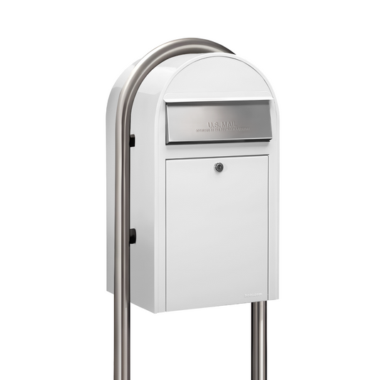 Bobi Grande Front Access White Mailbox with Round Stainless Steel Post Combo