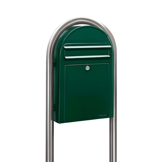 Bobi Classic Slim Front Access Modern Locking Green Mailbox and Round Stainless Steel Post Combo