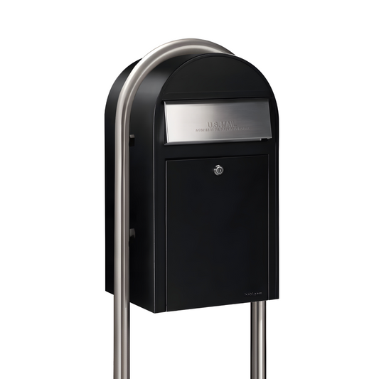 Bobi Grande Front Access Black Mailbox with Round Stainless Steel Post Combo