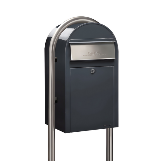 Bobi Grande Front Access Grey Mailbox with Round Stainless Steel Post Combo