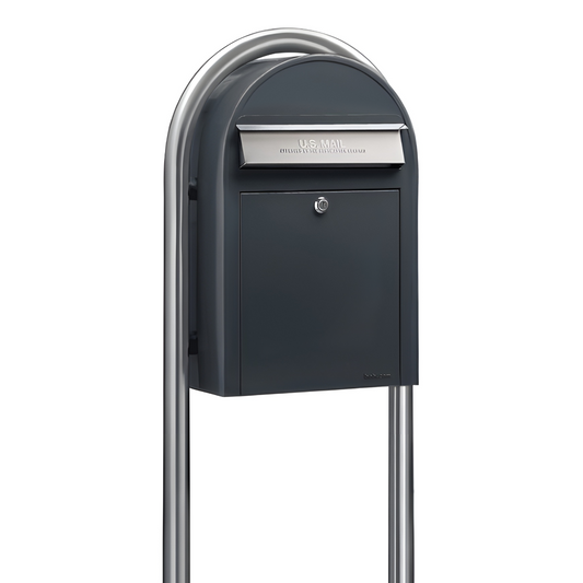 Bobi Classic Front Access Grey Mailbox and Round Stainless Steel Post Combo