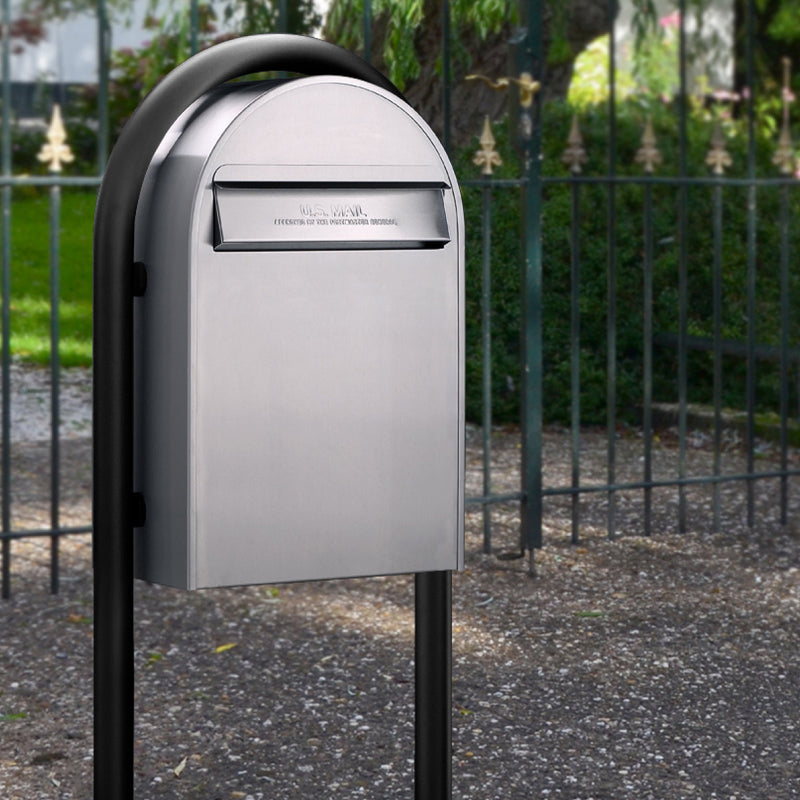 USPS Approved Bobi Classic B Rear Access Modern Locking Stainless Steel Mailbox and Round Black Post Combo