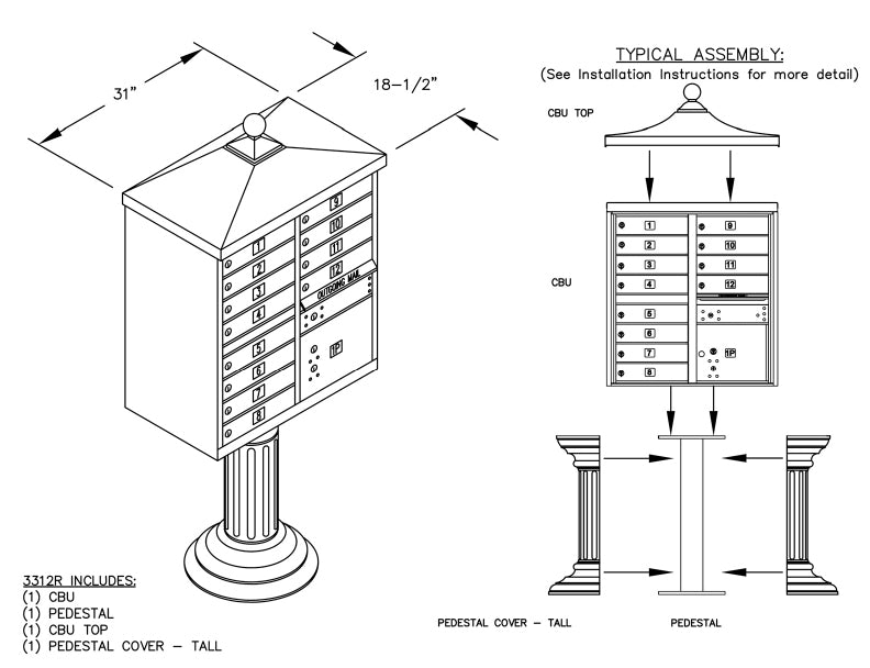 Salsbury Regency Decorative Cluster Box Unit with 12 Doors and 1 Parcel Locker with USPS Access – Type II