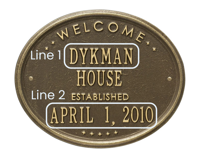 Whitehall Welcome Oval "House" Established - Standard Wall - Two Line - Antique Brass Address Plaque 