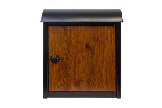 Leece Wall Mounted Mailbox in Black with Wood Finish Door and Combo Lock