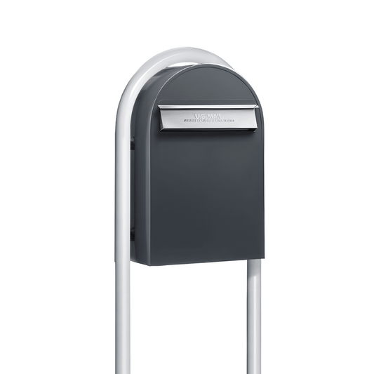 USPS Approved Bobi Classic B Rear Access Modern Locking Grey Mailbox with Stainless Steel Mail Slot and Round White Post Combo