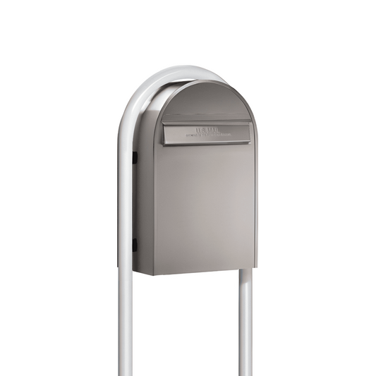USPS Approved Bobi Classic B Rear Access Modern Locking Stainless Steel Mailbox and Round White Post Combo
