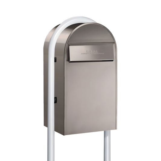 USPS Approved Bobi Grande B Rear Access Modern Locking Stainless Steel Mailbox with Round White Post Combo - Secure Small Parcel Delivery