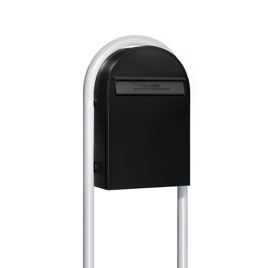 USPS Approved Bobi Classic B Rear Access Modern Locking Black Mailbox and Round White Post Combo