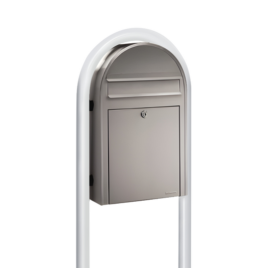 Bobi Classic Slim Front Access Modern Locking Stainless Steel Mailbox and Round White Post Combo